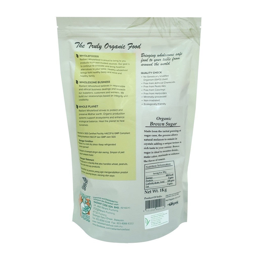 Radiant Whole Food Organic Brown Sugar 1kg | Unrefined Cane Sugar with Natural Molasses | Rich Aroma