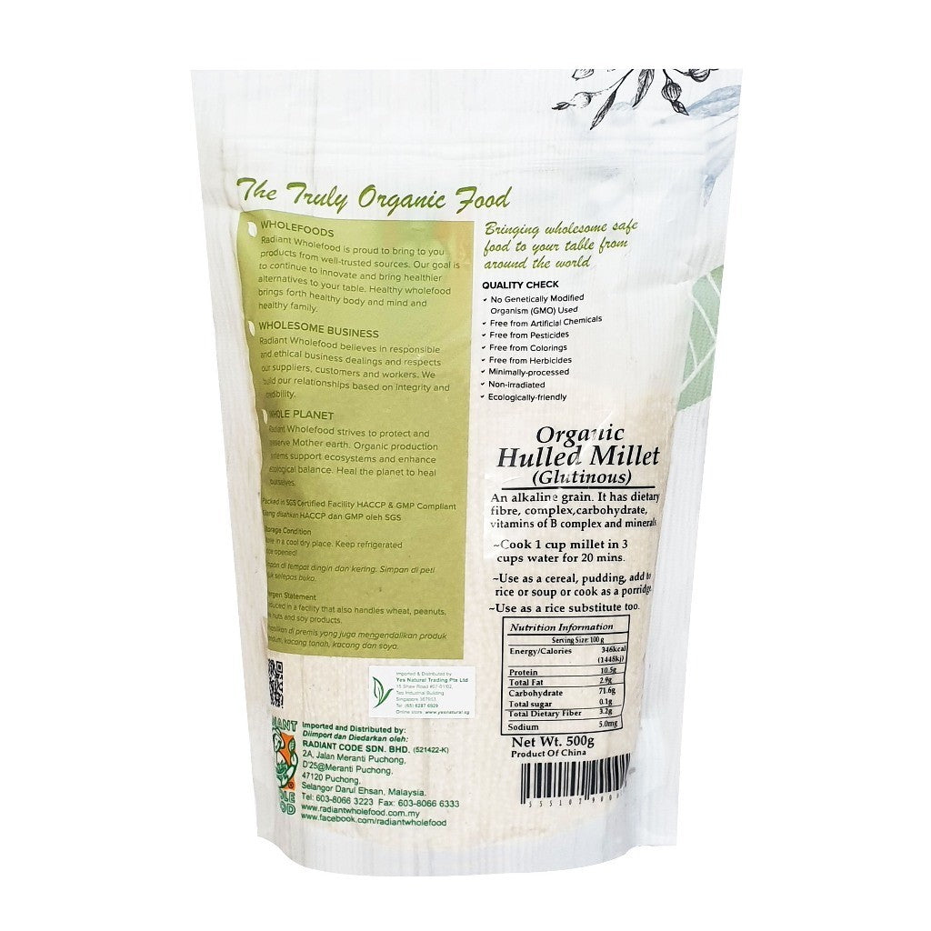 Radiant Whole Food Organic Hulled Millet 500g | Gluten-Free | High Fiber | Rice Alternative