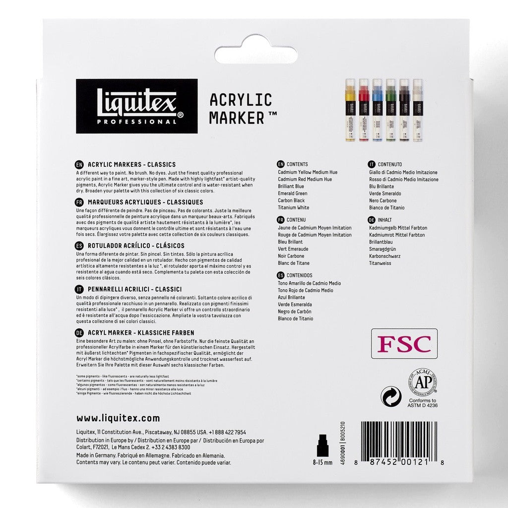 Liquitex Professional Wide Acrylic 6 Paint Marker Set Classics 6 15mm Nib | Artist-Grade Markers
