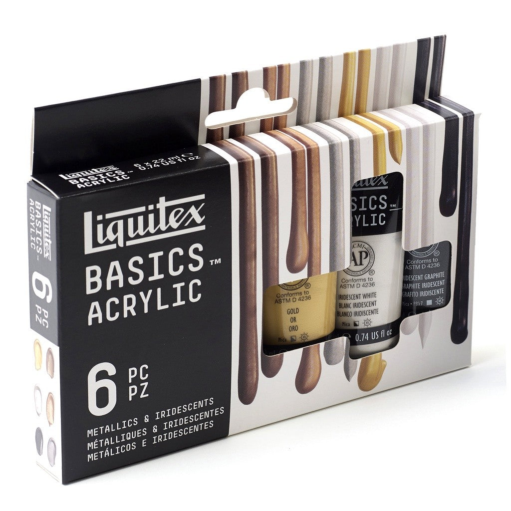 Liquitex Basics Metallic & Iridescent 6 Acrylic Paint Set 22ml | Gold, Silver, Bronze | Student-Grade