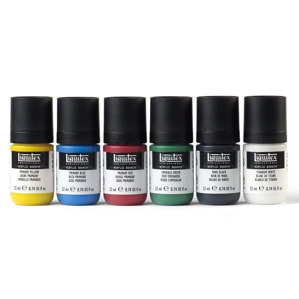 Liquitex Acrylic Gouache Primary Set | 6 Colours x 22ml | Ultra-Matte, Opaque, No Brush Strokes