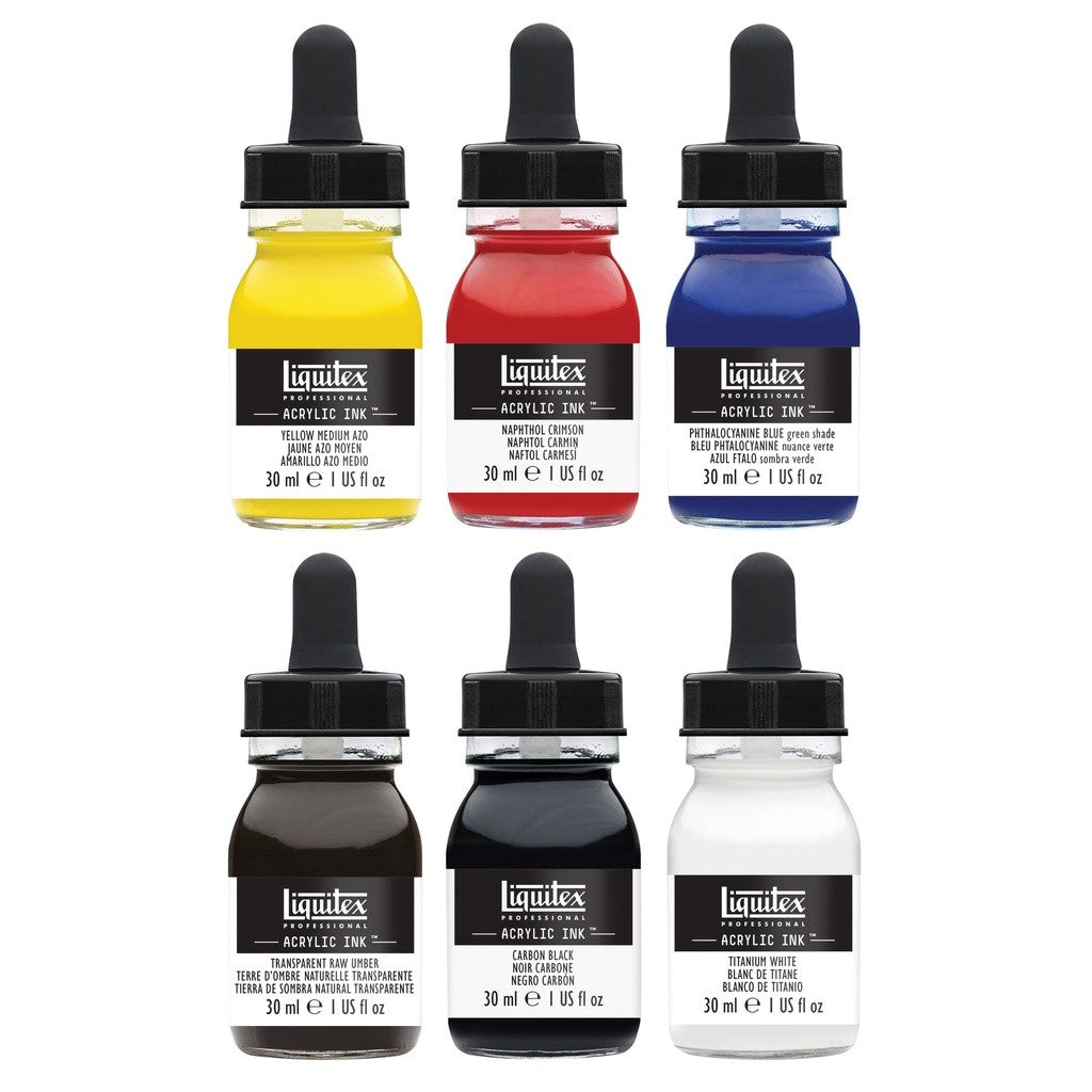 Liquitex Acrylic Ink Essentials Set | 6 Colors x 30ml | Ultra-Fluid, Lightfast, Permanent Artist Ink