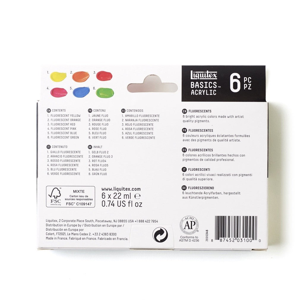 Liquitex Basics Fluorescent 6 Acrylic Paint Set 6 22ml | Neon Artist Colours | Student-Grade