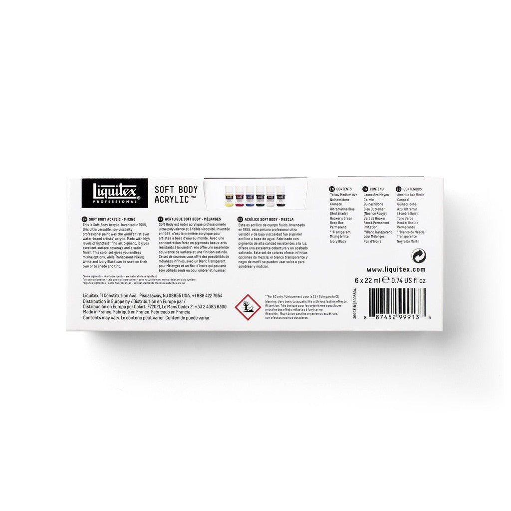 Liquitex Soft Body Acrylic Mixing Set | 6 Colours x 22ml | Professional Low-Viscosity Artist Paint