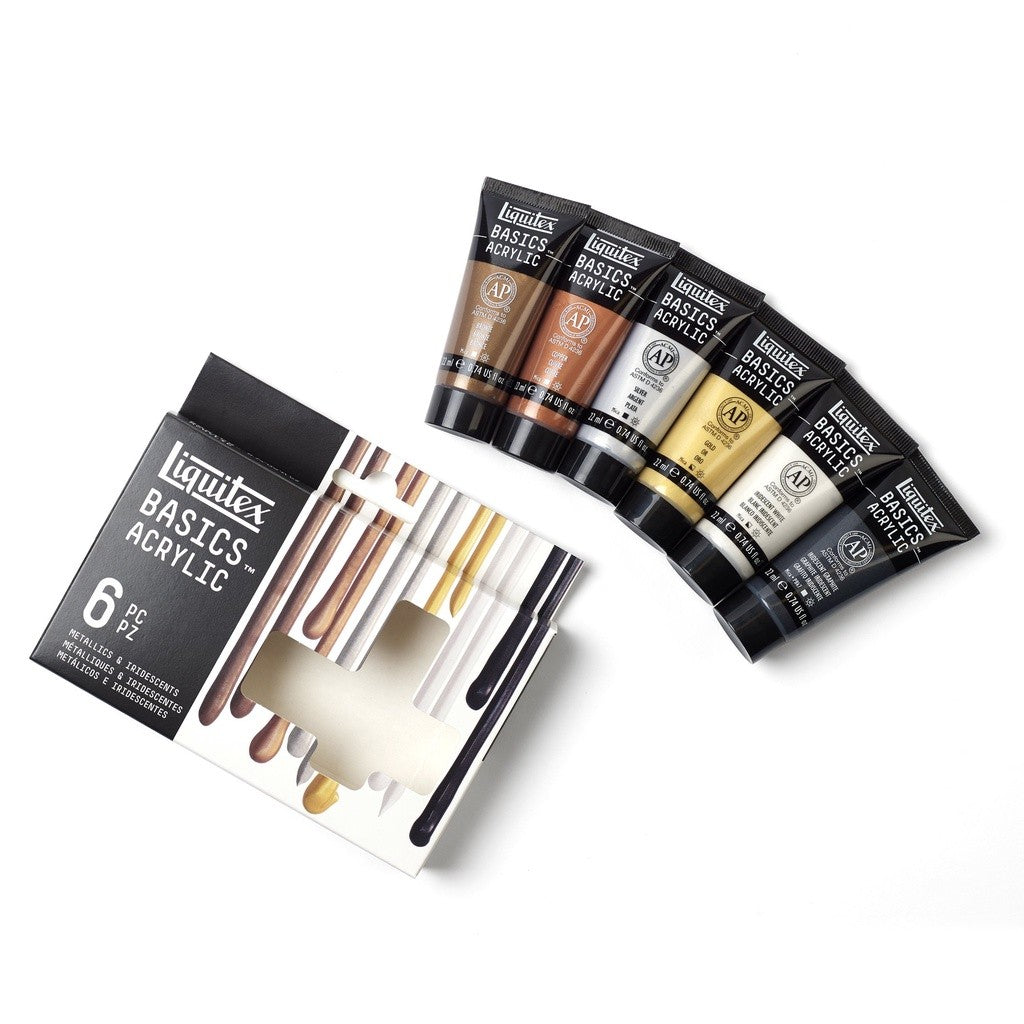 Liquitex Basics Metallic & Iridescent 6 Acrylic Paint Set 22ml | Gold, Silver, Bronze | Student-Grade