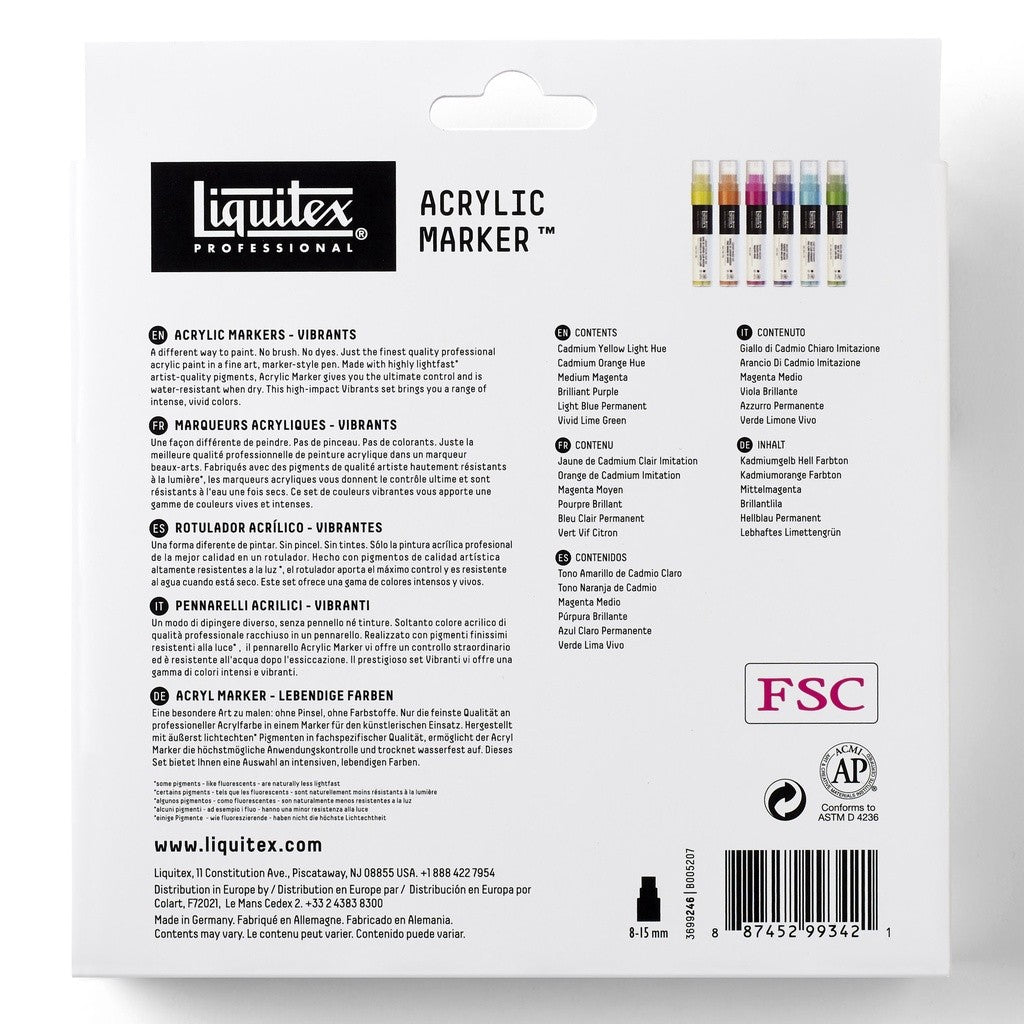 Liquitex Professional Wide Acrylic 6 Paint Marker Set Vibrants 15mm Nib | Intense Artist Colors