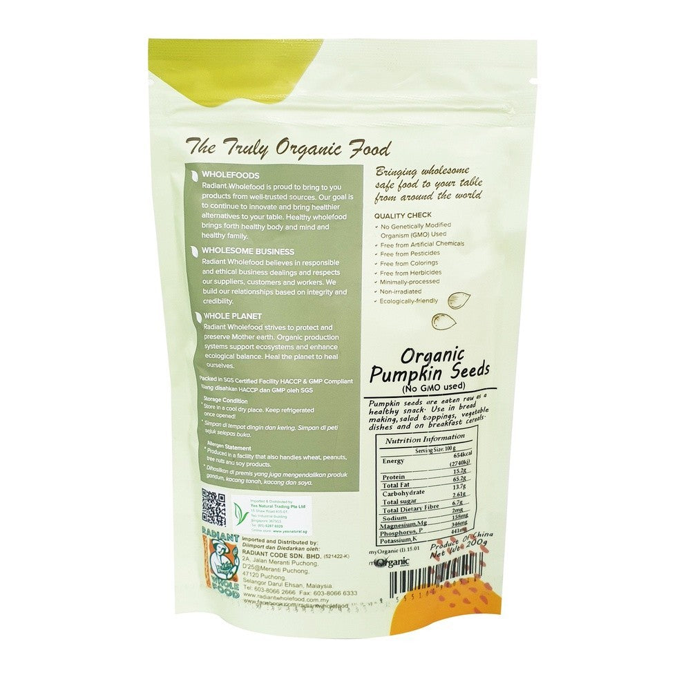 Radiant Whole Food Organic Pumpkin Seeds 200g | High Protein, Zinc & Healthy Fats | Gluten-Free