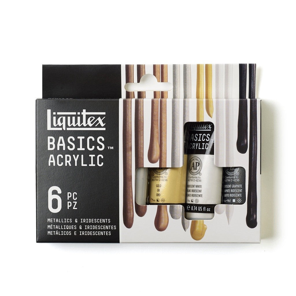 Liquitex Basics Metallic & Iridescent 6 Acrylic Paint Set 22ml | Gold, Silver, Bronze | Student-Grade