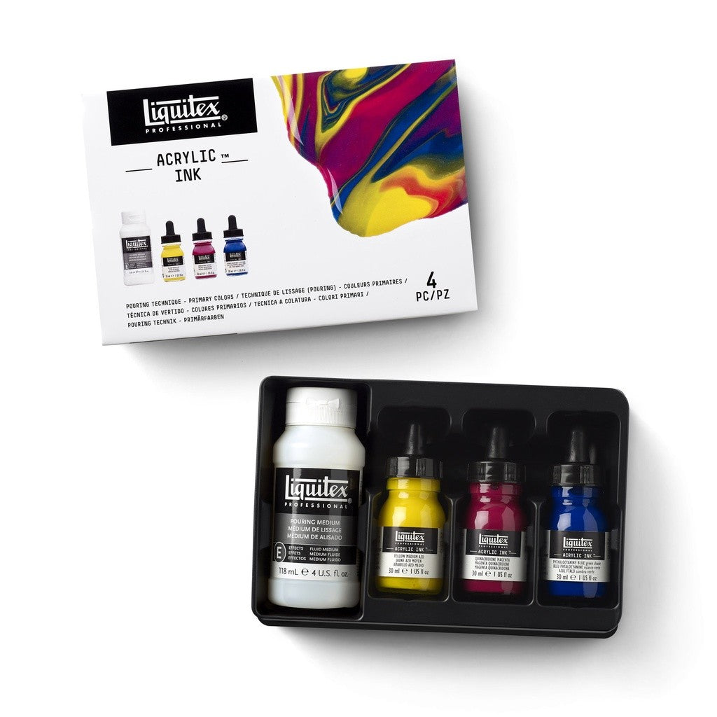 Liquitex Acrylic Ink Pouring Technique Set | 3 Primary Inks (30ml) + Pouring Medium, Professional