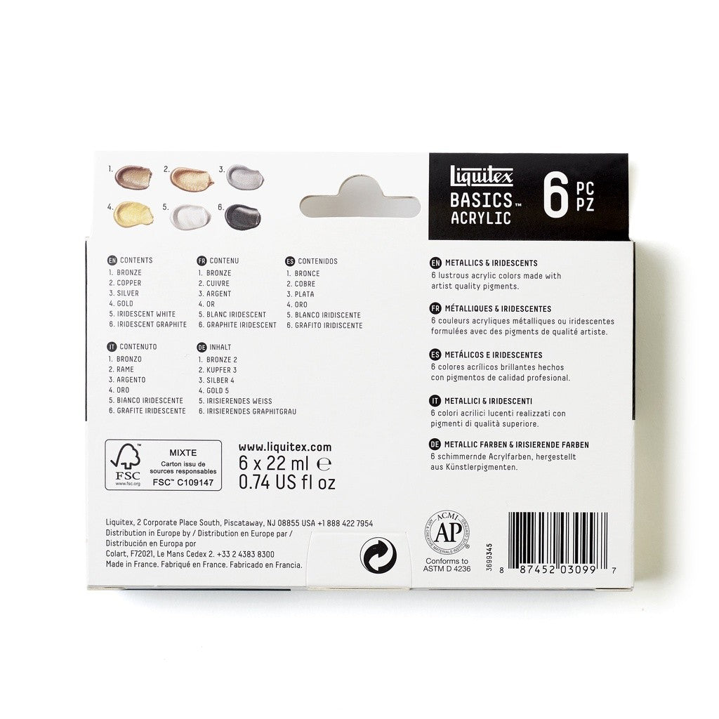 Liquitex Basics Metallic & Iridescent 6 Acrylic Paint Set 22ml | Gold, Silver, Bronze | Student-Grade