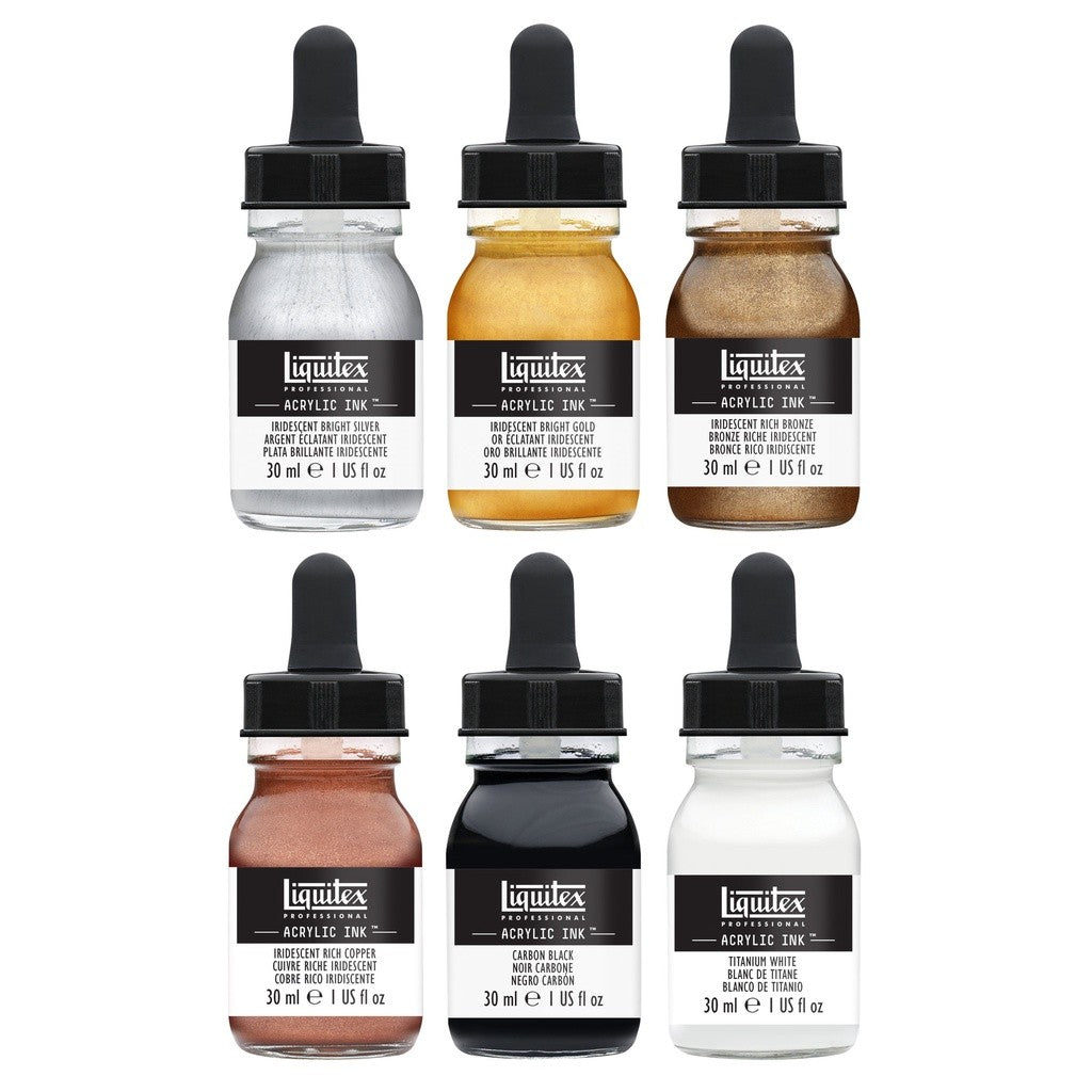 Liquitex Acrylic Ink Iridescent Set | 6 Colours x 30ml | Metallic Professional Artist Ink, Permanent