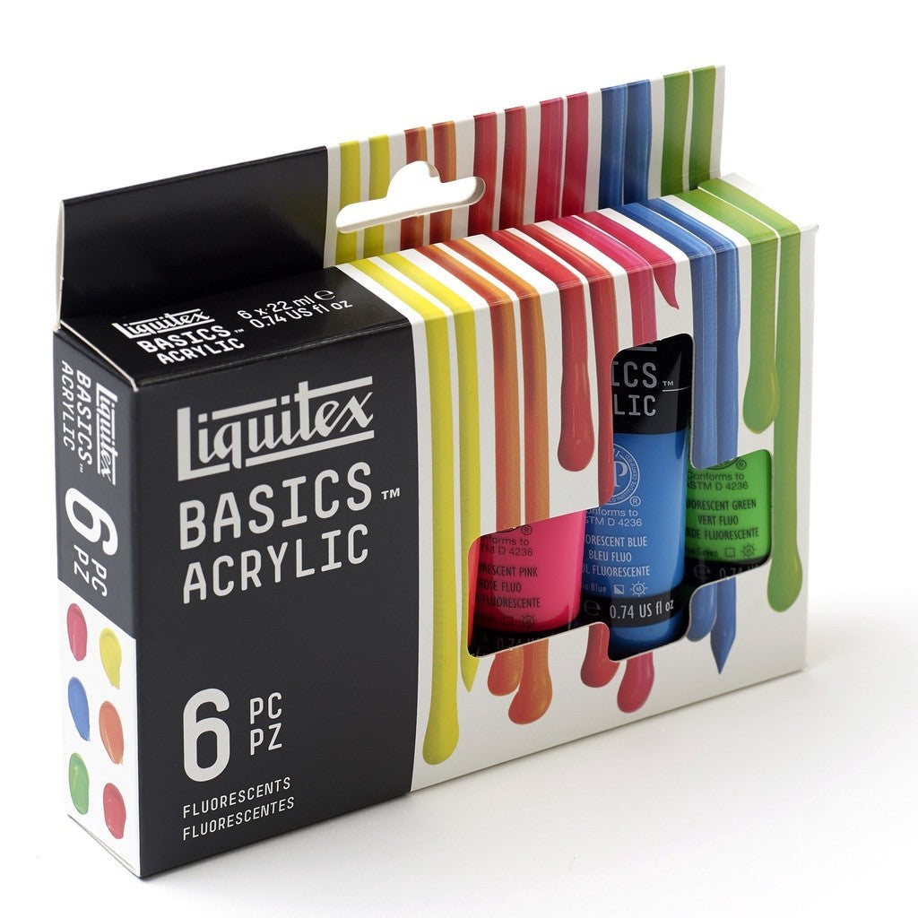 Liquitex Basics Fluorescent 6 Acrylic Paint Set 6 22ml | Neon Artist Colours | Student-Grade