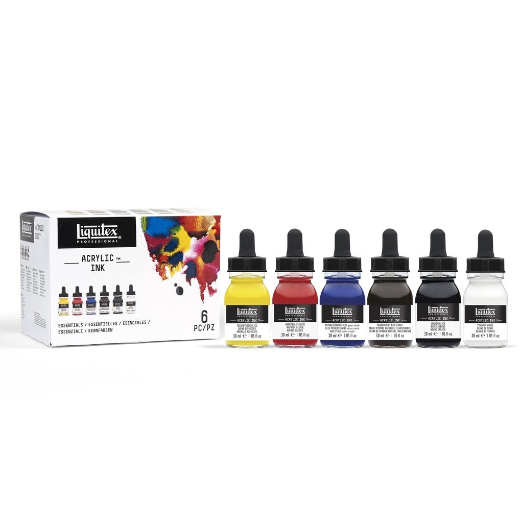 Liquitex Acrylic Ink Essentials Set | 6 Colors x 30ml | Ultra-Fluid, Lightfast, Permanent Artist Ink