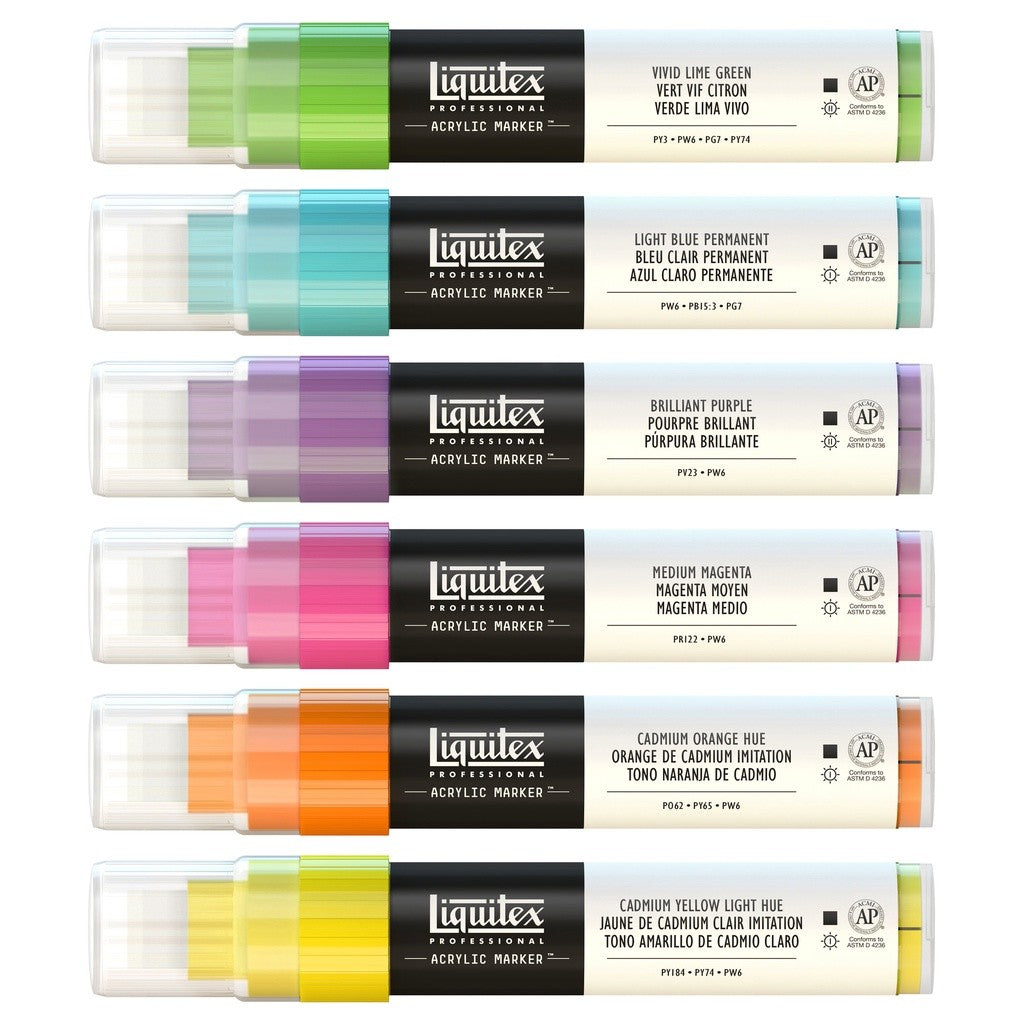 Liquitex Professional Wide Acrylic 6 Paint Marker Set Vibrants 15mm Nib | Intense Artist Colors