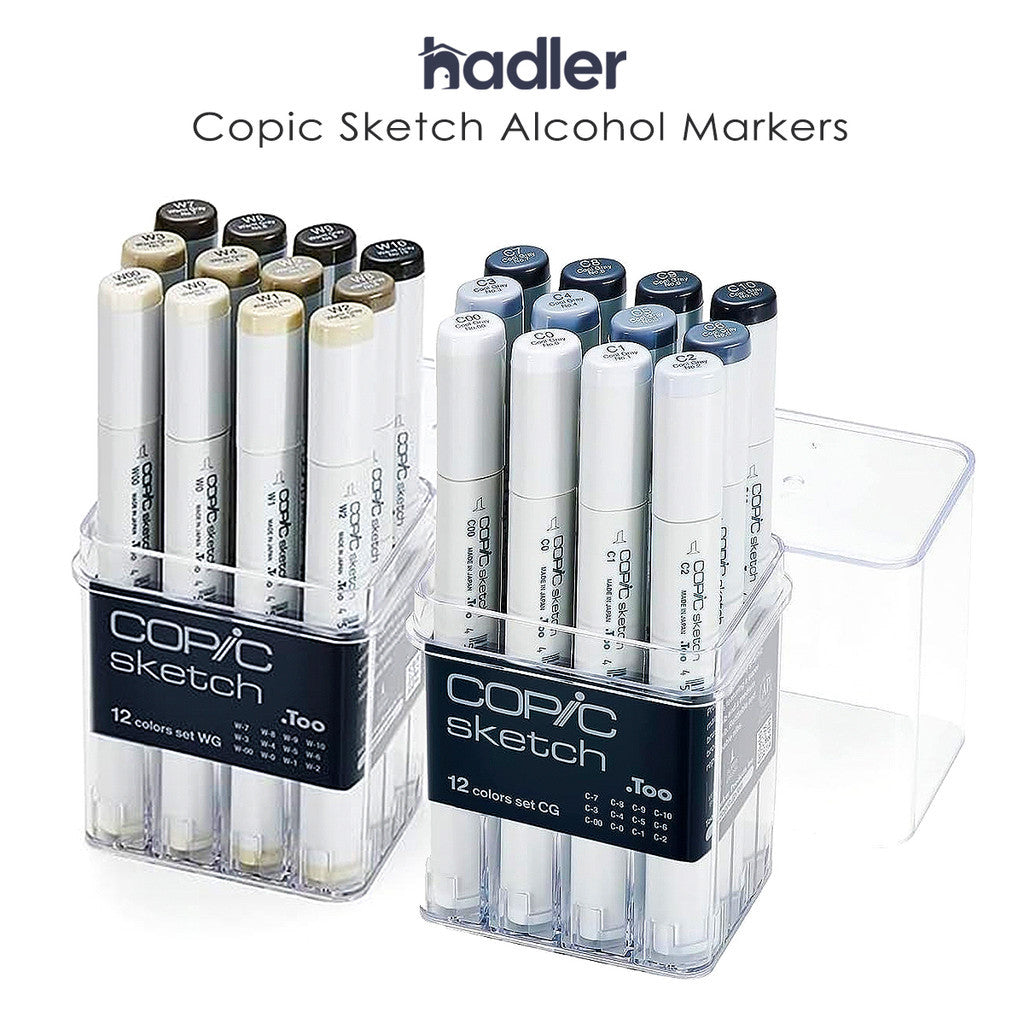 Copic Sketch 12pcs Cool & Warm Grey Marker Set – Dual Tip Alcohol Markers for Shading, Illustration