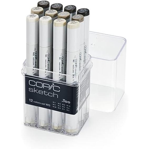Copic Sketch 12pcs Cool & Warm Grey Marker Set – Dual Tip Alcohol Markers for Shading, Illustration