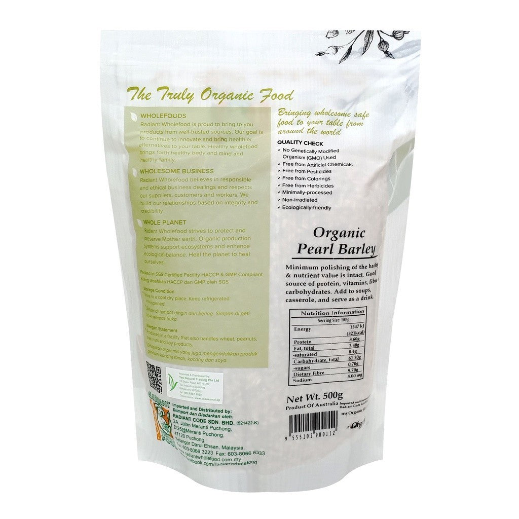 Radiant Whole Food Organic Pearl Barley 500g | High-Fiber Ancient Grain | Product of Australia