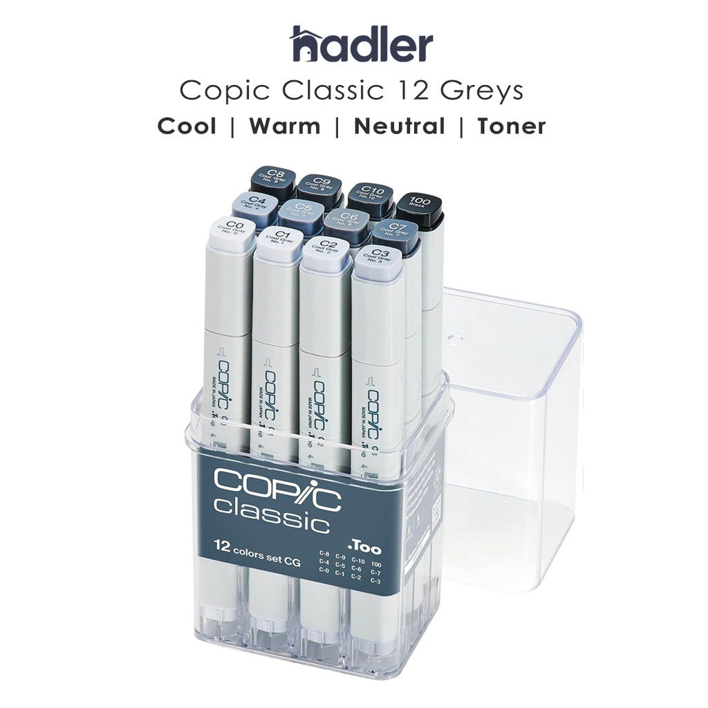Copic Classic 12pcs Gray Tone Set Alcohol Markers | Cool Warm Neutral Toner Set