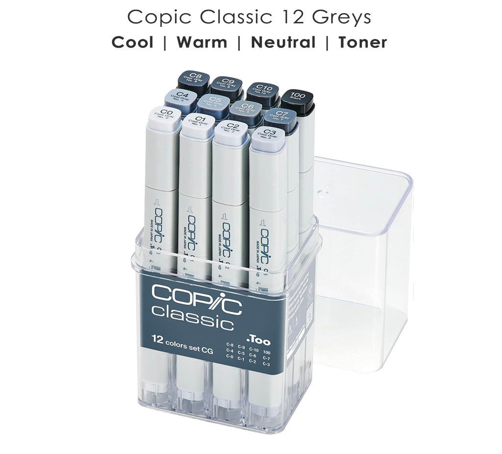 Copic Classic 12pcs Gray Tone Set Alcohol Markers | Cool Warm Neutral Toner Set