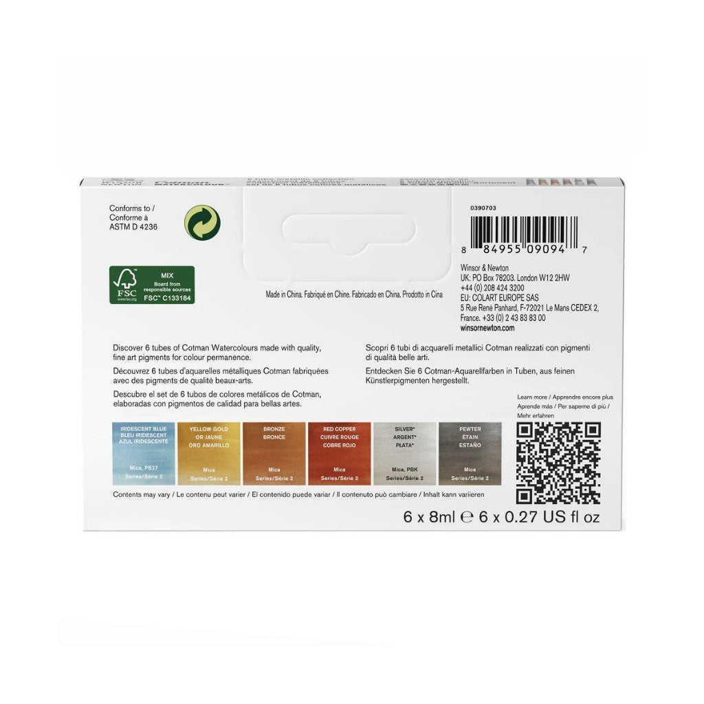 Winsor & Newton Cotman 6 Metallic Watercolour Set | 8ml Tubes | Iridescent Paint