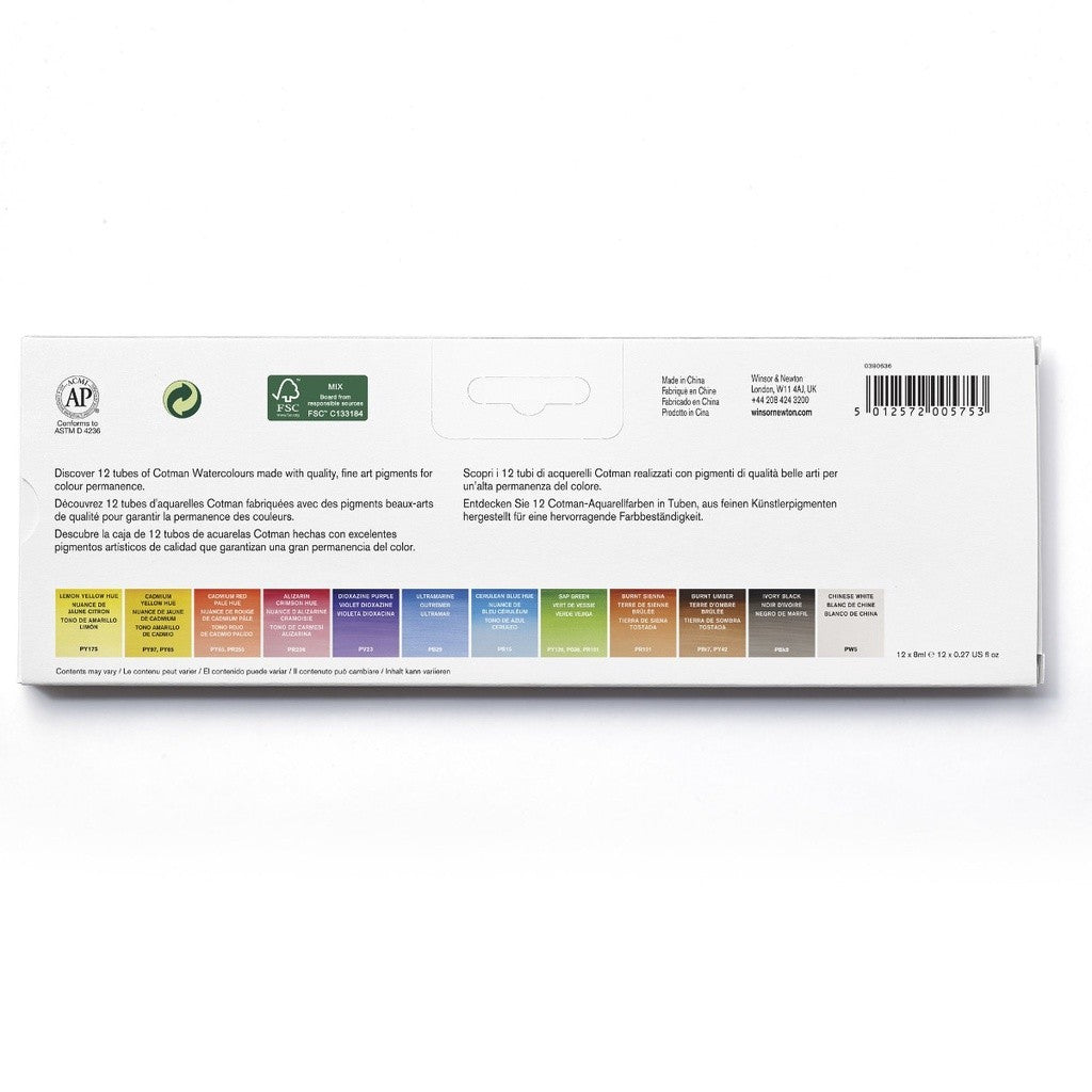 Winsor & Newton Cotman Watercolour 12 x 8ml Tube Set | Extended Palette