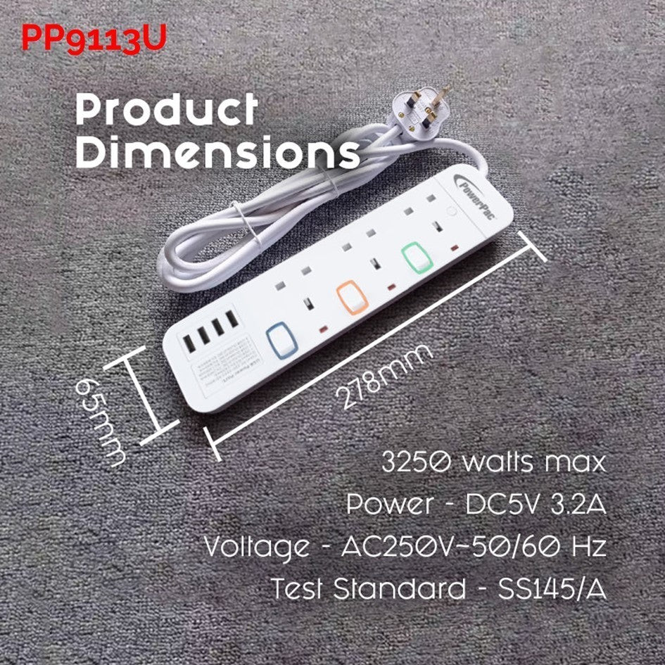 PowerPac 3 Meters Extension Wire Socket 3-6 Way | 4 USB Ports | Safety Mark Certified