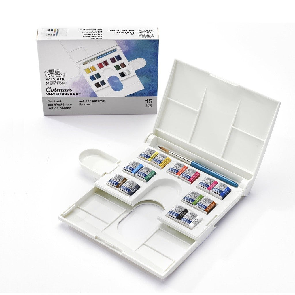 Winsor & Newton Cotman Watercolour Compact Set | 14 Half Pans + Brush | Travel Kit
