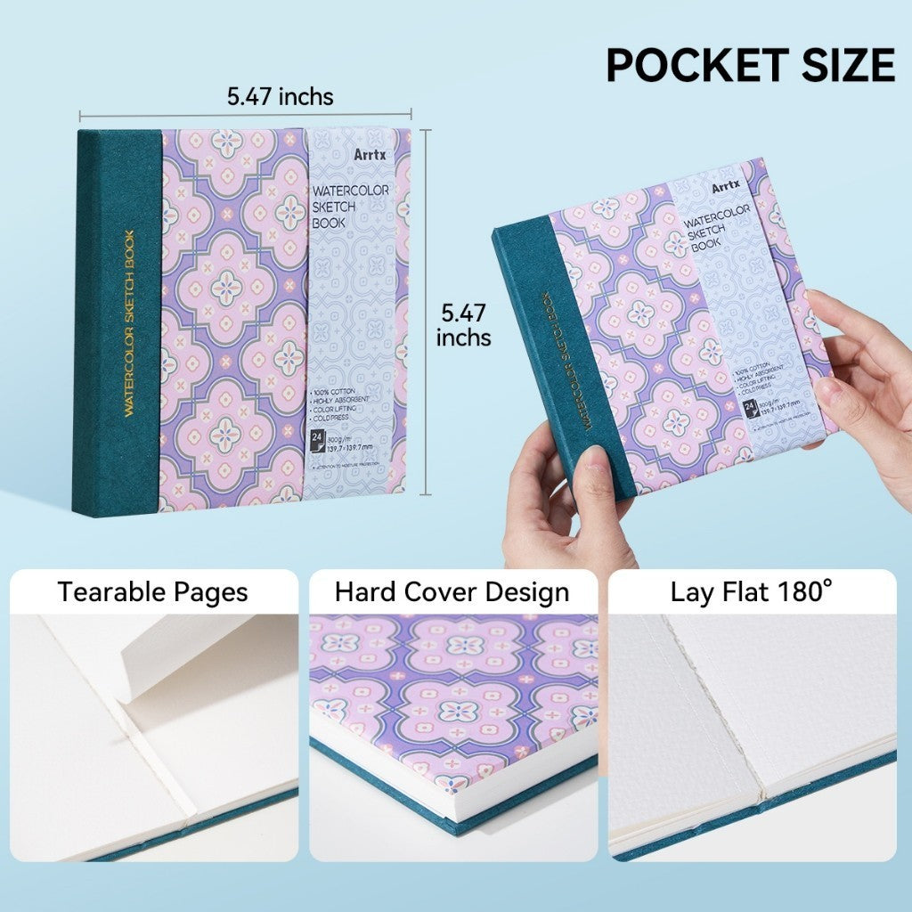 Arrtx 100% Cotton Watercolor Sketchbook 5.47" x 5.47" | 300gsm Artist Journal 24 Sheets