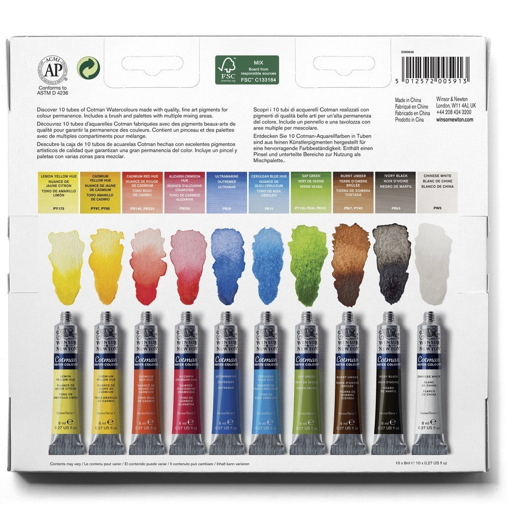 Winsor & Newton Cotman 10 Watercolour 8ml Tube | Palette Set & Brush | Portable Lightweight