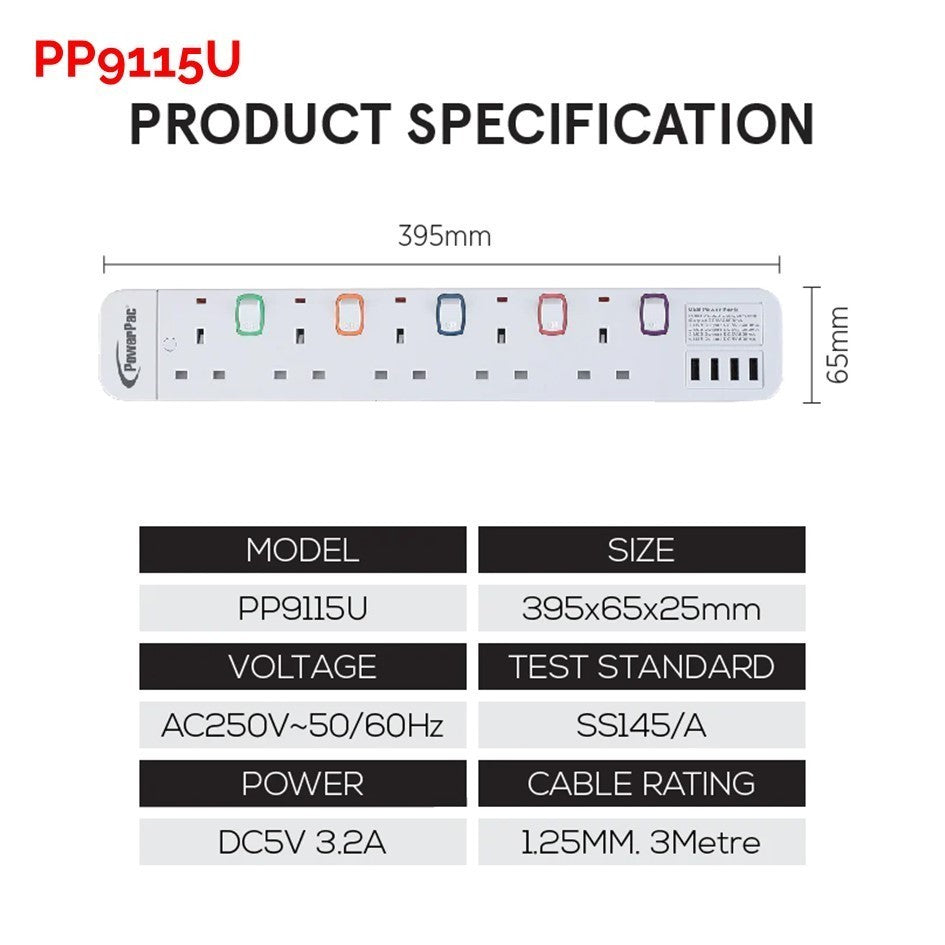 PowerPac 3 Meters Extension Wire Socket 3-6 Way | 4 USB Ports | Safety Mark Certified