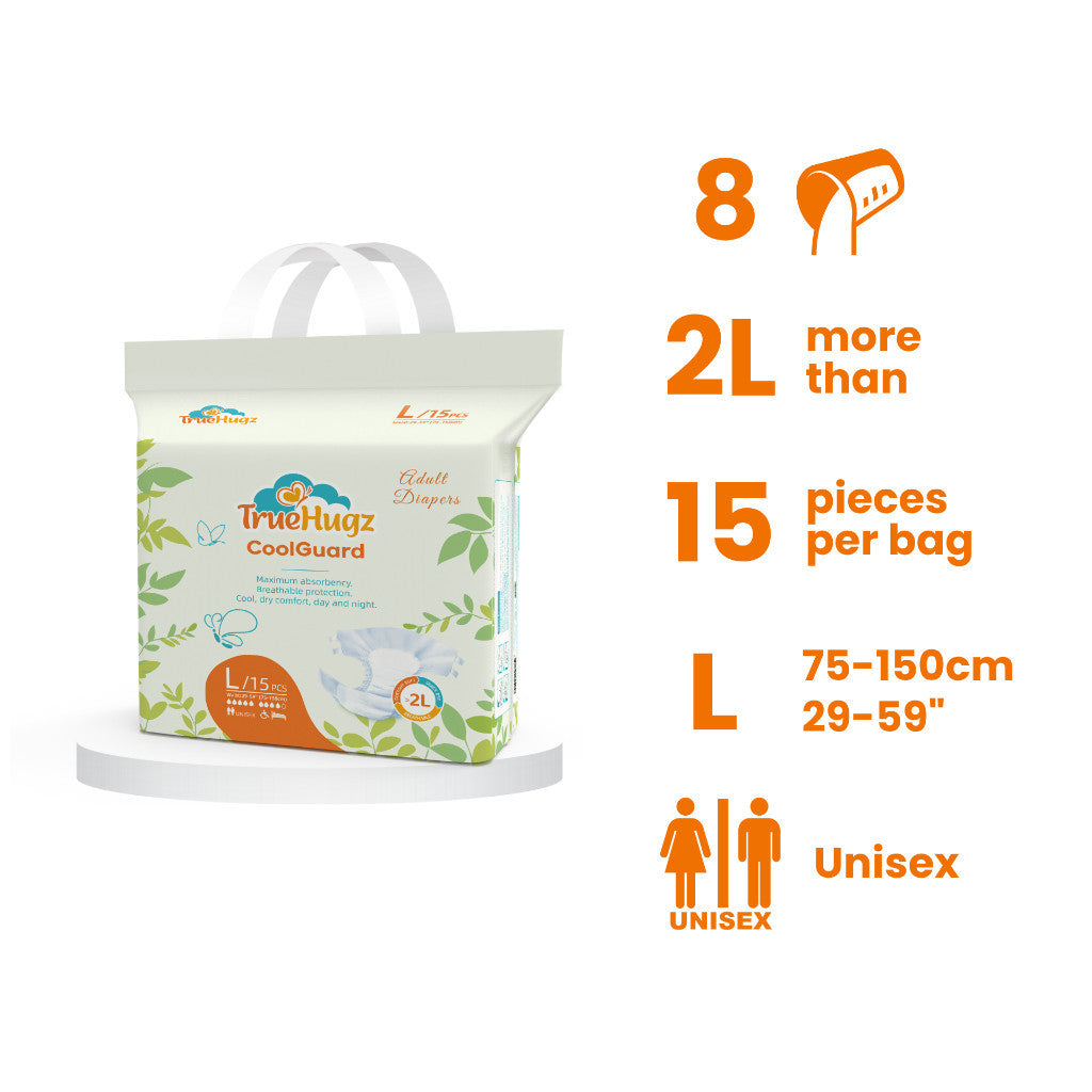 Premium Adult Tape Diapers 15pcs | CoolGuard by TrueHugz | Overnight High Absorbency Incontinence Care