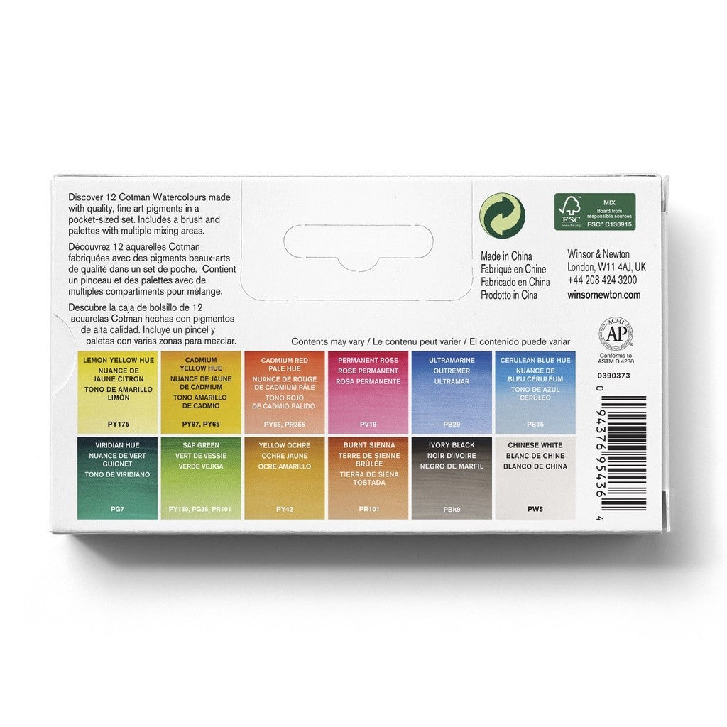 Winsor & Newton Cotman Pocket Plus | Watercolour Set 12 Half Pans | Travel Kit