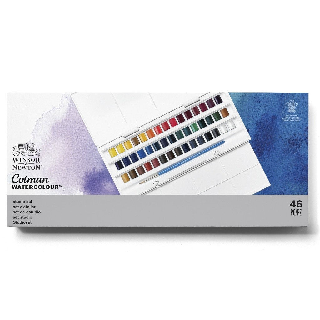 Winsor & Newton Cotman Watercolour Studio Set | 45 Half Pans & Brush | Complete Set