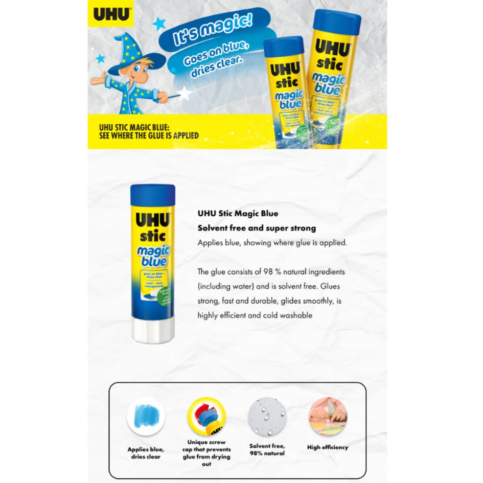 UHU Stic Magic Blue Glue Stick (8.2g/21g) | Dries Clear | Solvent-Free School Glue