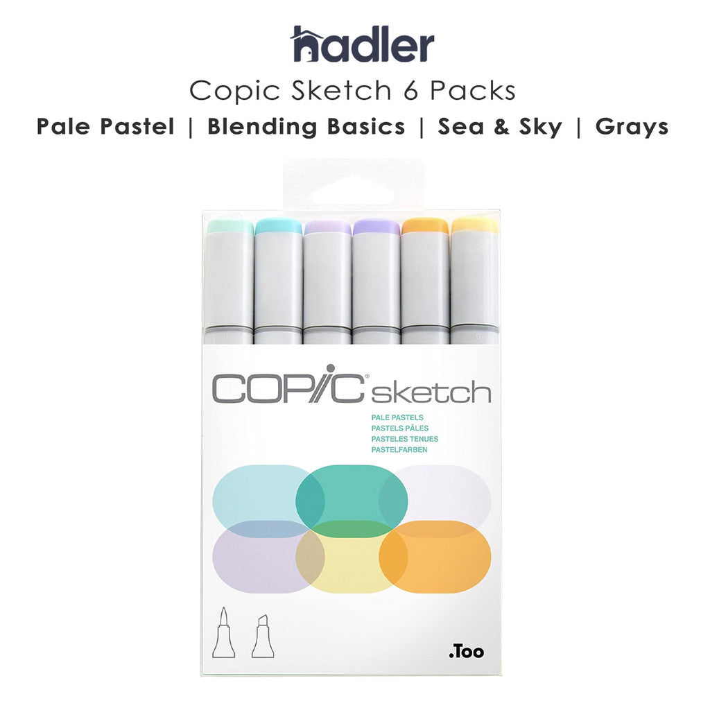 Copic Sketch 6pcs Marker Set | Blending | Pastel | Sea & Sky | Grays Alcohol Brush Markers
