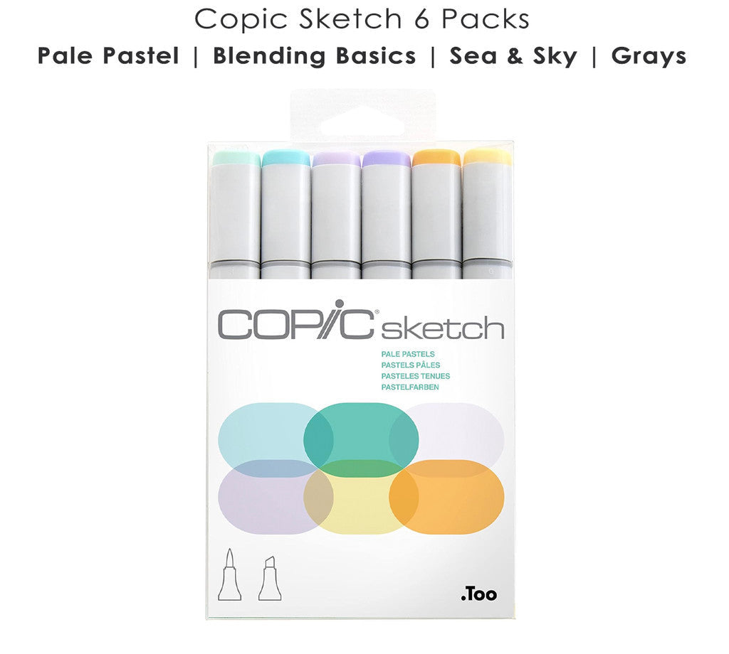 Copic Sketch 6pcs Marker Set | Blending | Pastel | Sea & Sky | Grays Alcohol Brush Markers