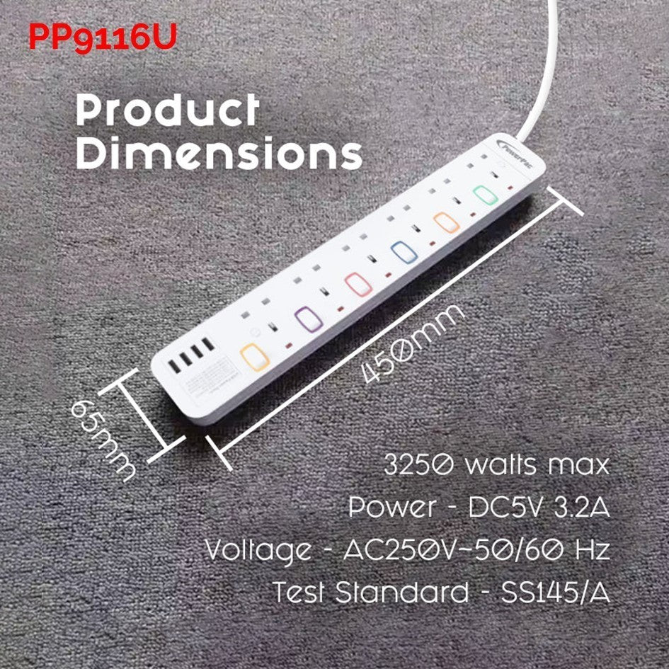 PowerPac 3 Meters Extension Wire Socket 3-6 Way | 4 USB Ports | Safety Mark Certified