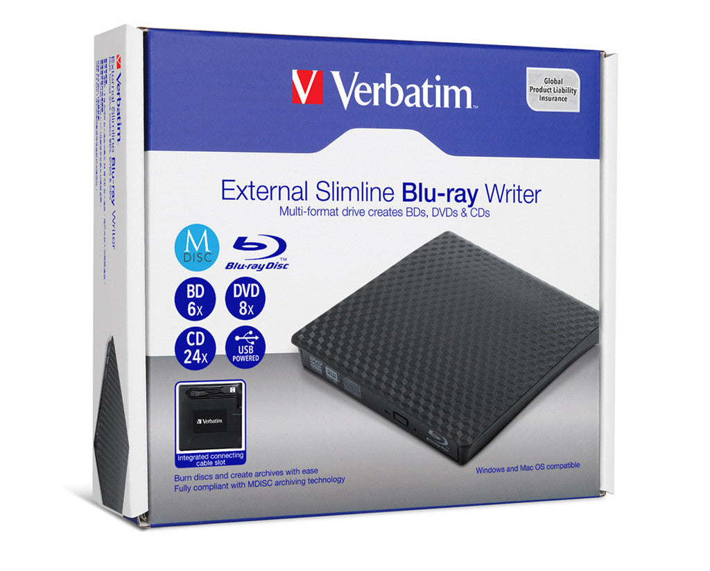 Verbatim External Slim Blu-ray Writer with USB-C/A BD DVD CD Burner Portable Drive