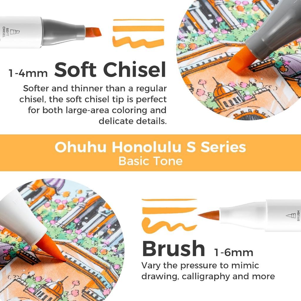 Ohuhu Honolulu S Series Alcohol Markers – Brush & Soft Chisel Dual Tip Art Marker Set for Artists