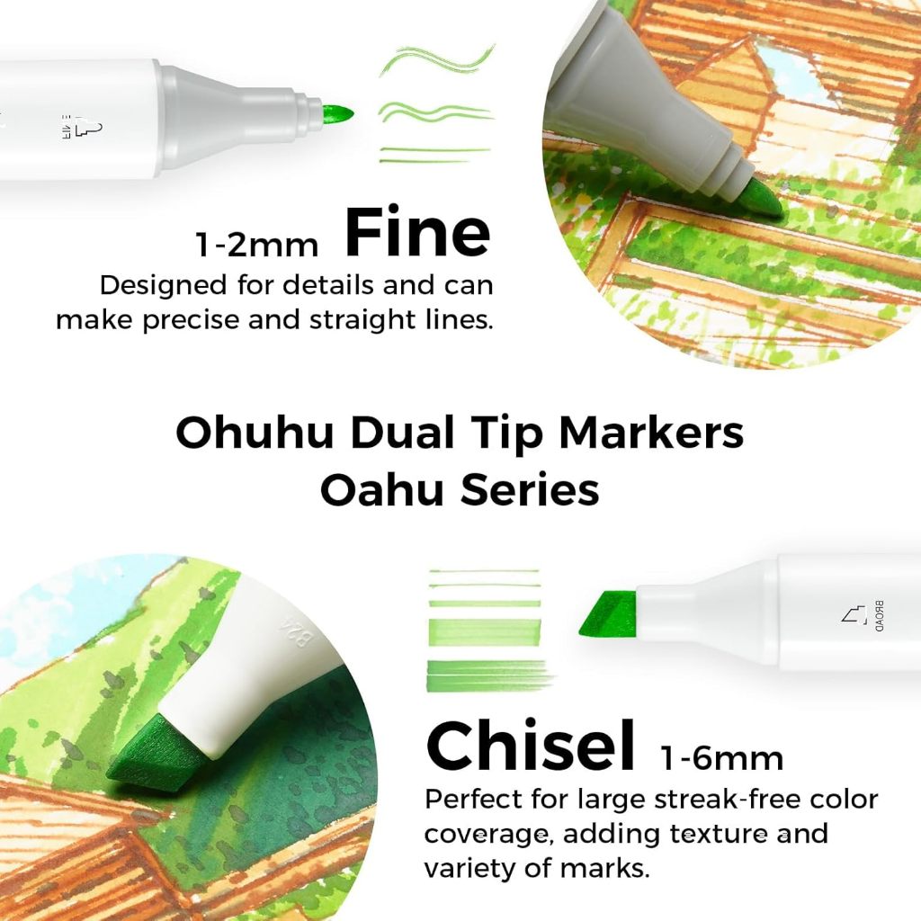 Ohuhu Oahu 60 Dual-Tip Alcohol Markers – Fine & Chisel Art Marker Set with Blender + Carry Case