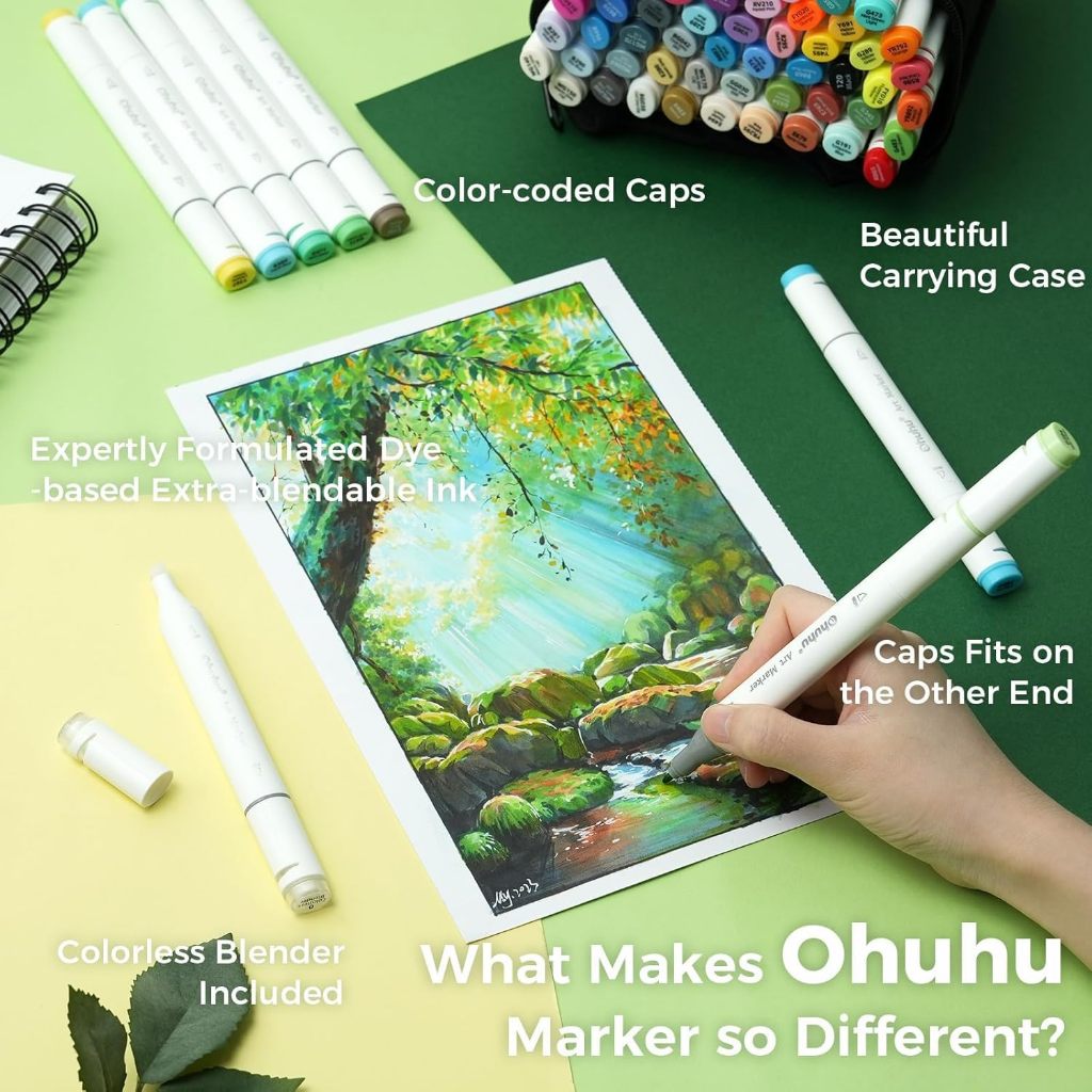 Ohuhu Oahu 60 Dual-Tip Alcohol Markers – Fine & Chisel Art Marker Set with Blender + Carry Case