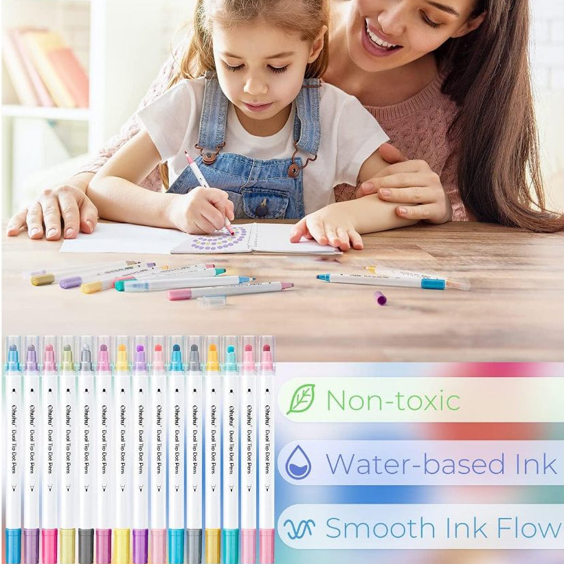 Ohuhu Dual Tip Dot Markers — 15-Color Set (Fine & Dot Tips) for Journaling, Scrapbooking & Art