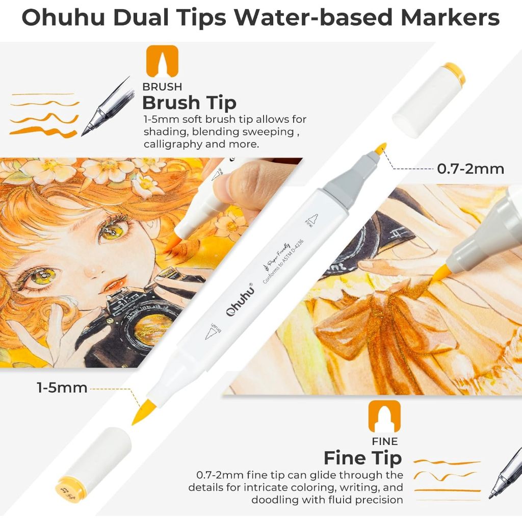Ohuhu 60 Colors Brush & Fine Tip Marker Box Set — Water Based, Paper-Friendly, Non-Bleed