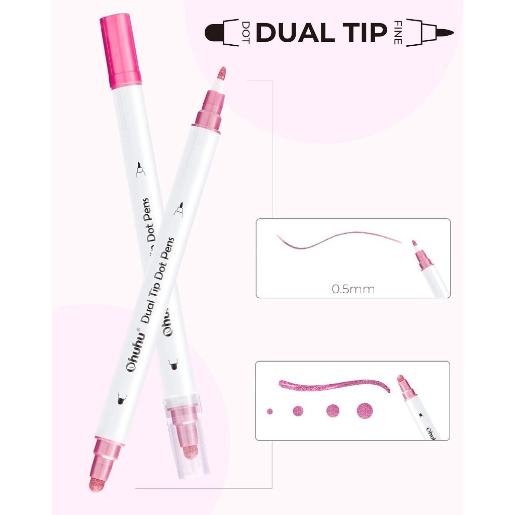 Ohuhu Dual Tip Dot Markers — 15-Color Set (Fine & Dot Tips) for Journaling, Scrapbooking & Art