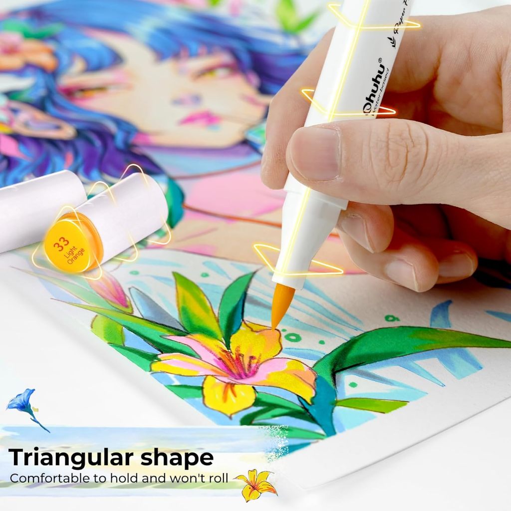 Ohuhu 60 Colors Brush & Fine Tip Marker Box Set — Water Based, Paper-Friendly, Non-Bleed