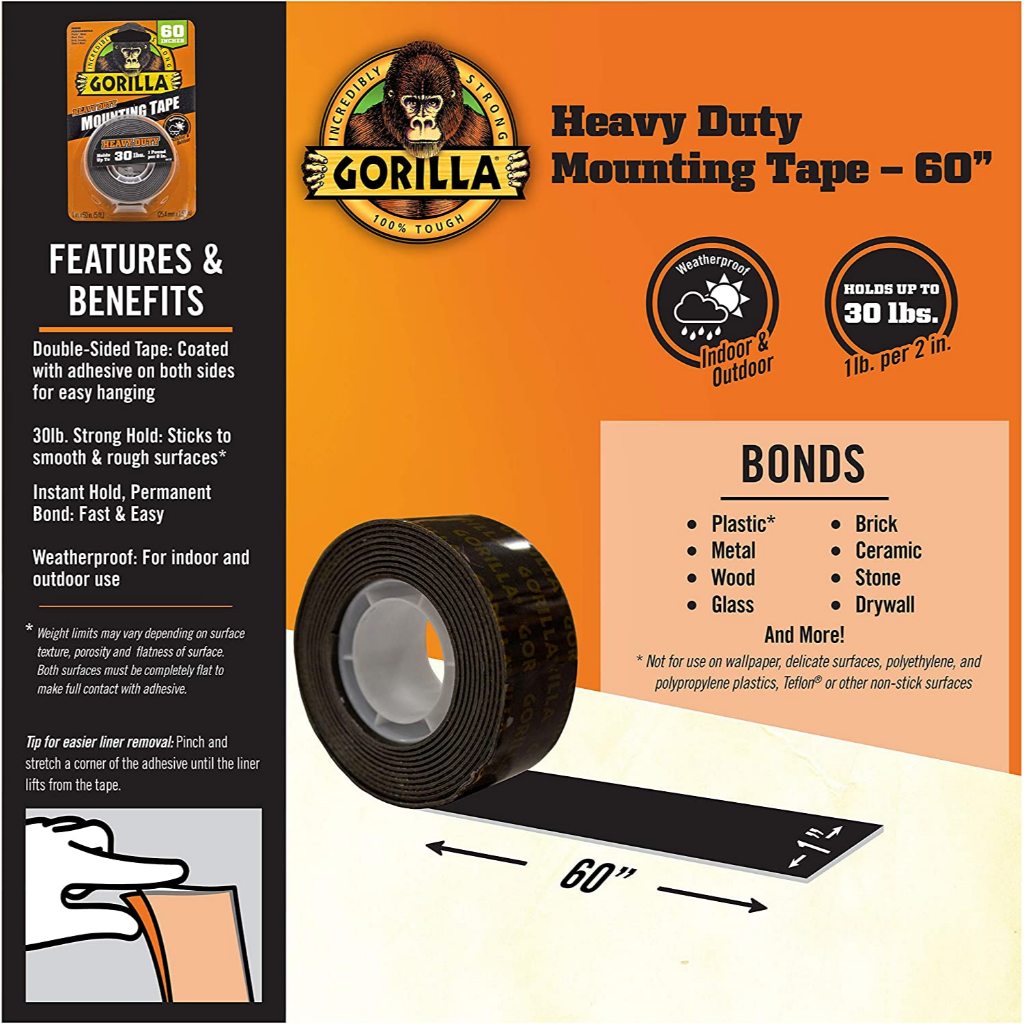 Gorilla Heavy Duty 60" Black Double-Sided Mounting Tape – Industrial Strength, Permanent