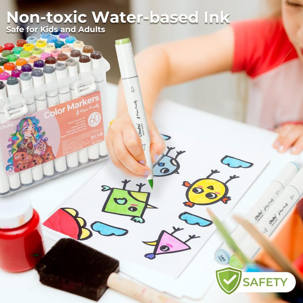 Ohuhu 60 Colors Brush & Fine Tip Marker Box Set — Water Based, Paper-Friendly, Non-Bleed