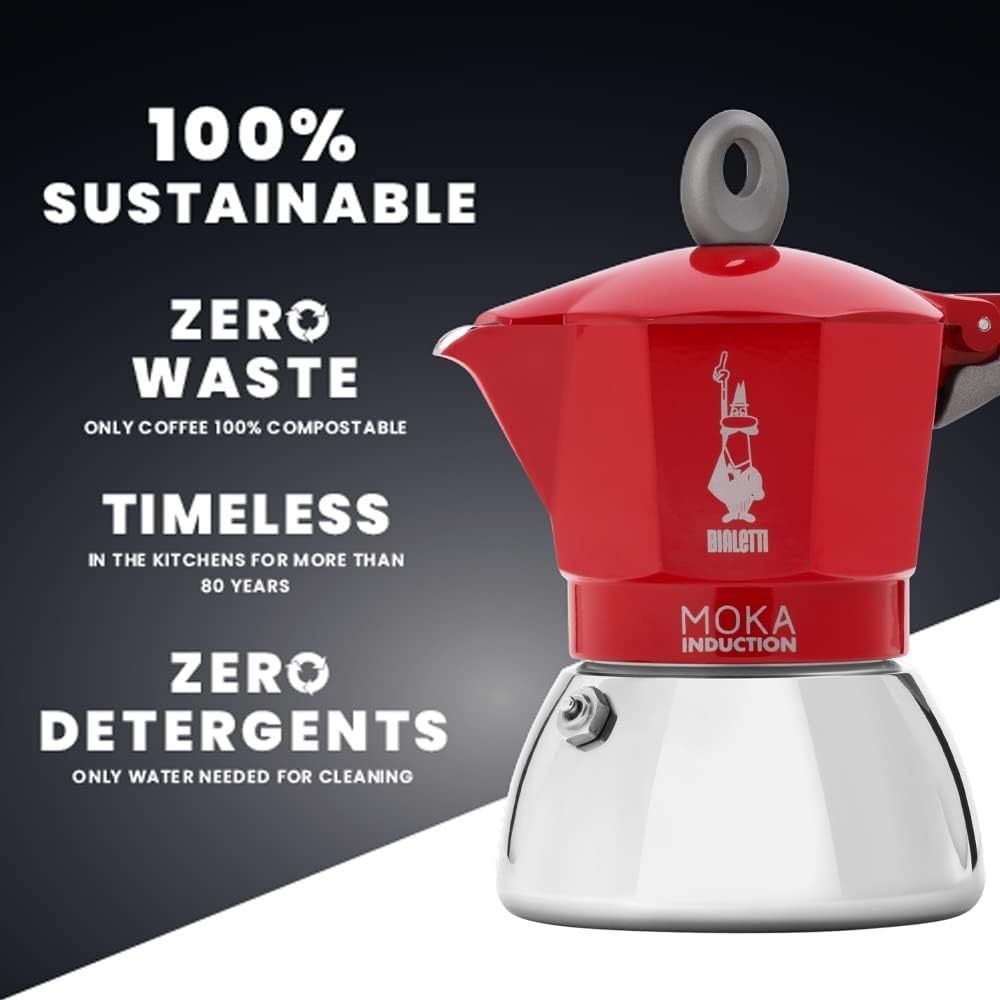 Bialetti Moka Induction Stovetop Coffee Maker, 2/4/6 Cups – Red/Black