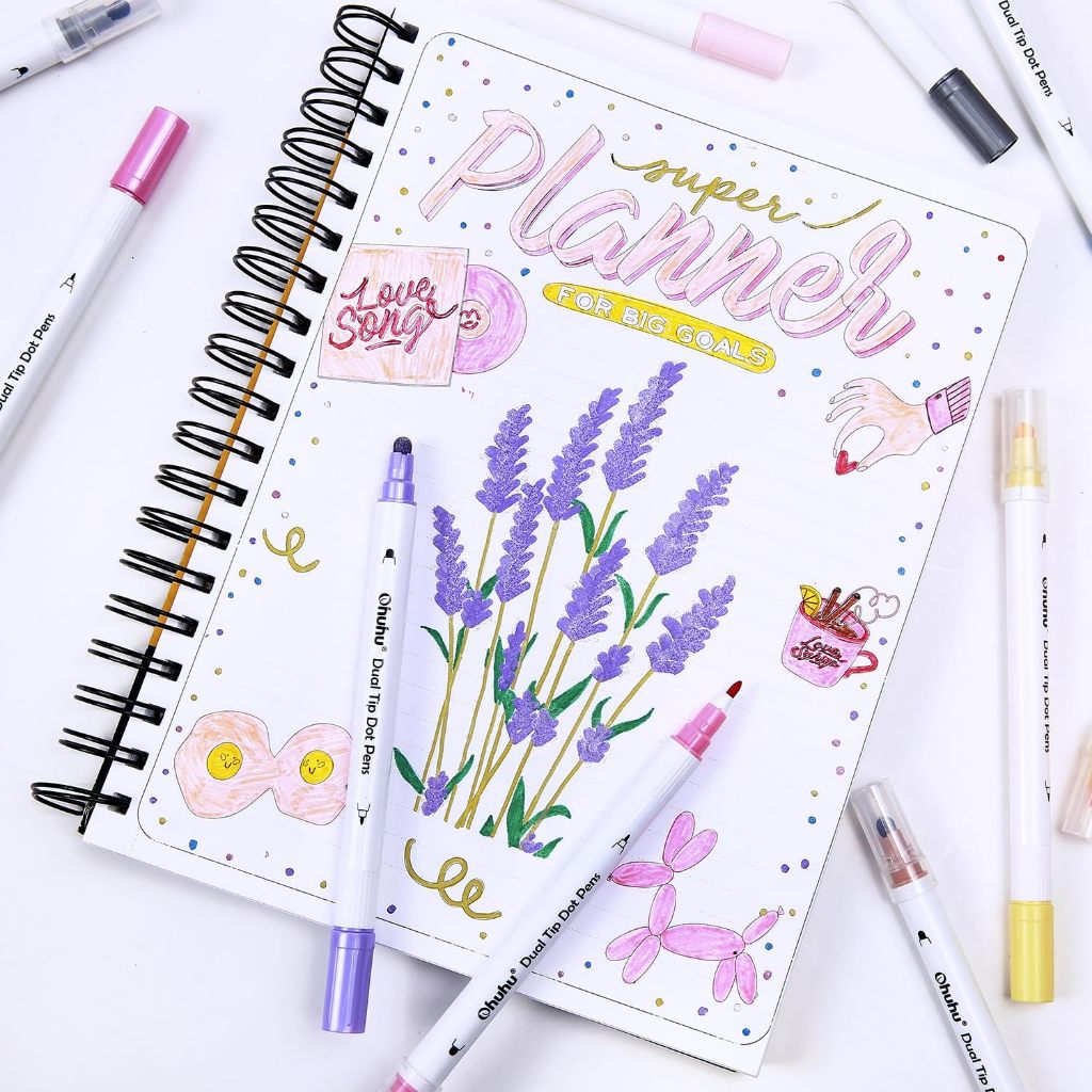 Ohuhu Dual Tip Dot Markers — 15-Color Set (Fine & Dot Tips) for Journaling, Scrapbooking & Art