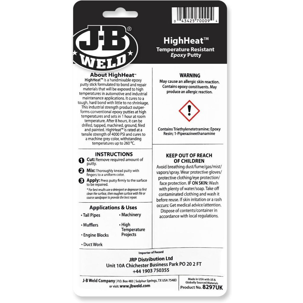 J-B Weld HighHeat Epoxy Putty Stick 2oz | Heat Resistant Metal Repair up to 500°F (260°C)
